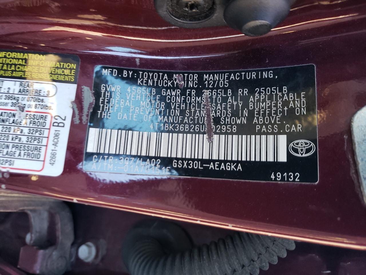 2006 Toyota Avalon Xl VIN: 4T1BK36B26U102958 Lot: 90316915