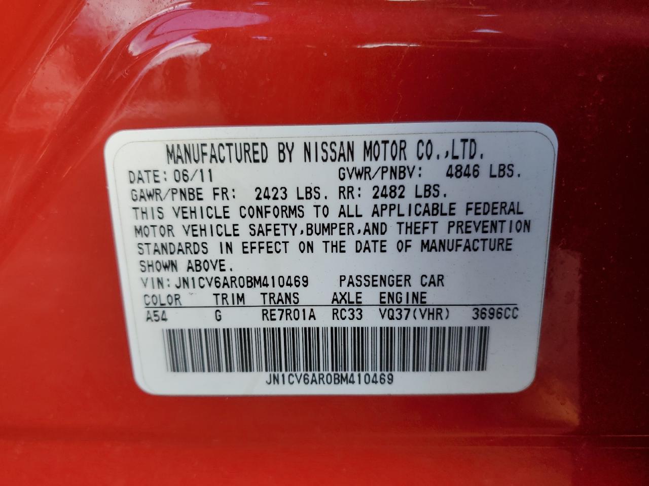 2011 Infiniti G37 VIN: JN1CV6AR0BM410469 Lot: 92513705