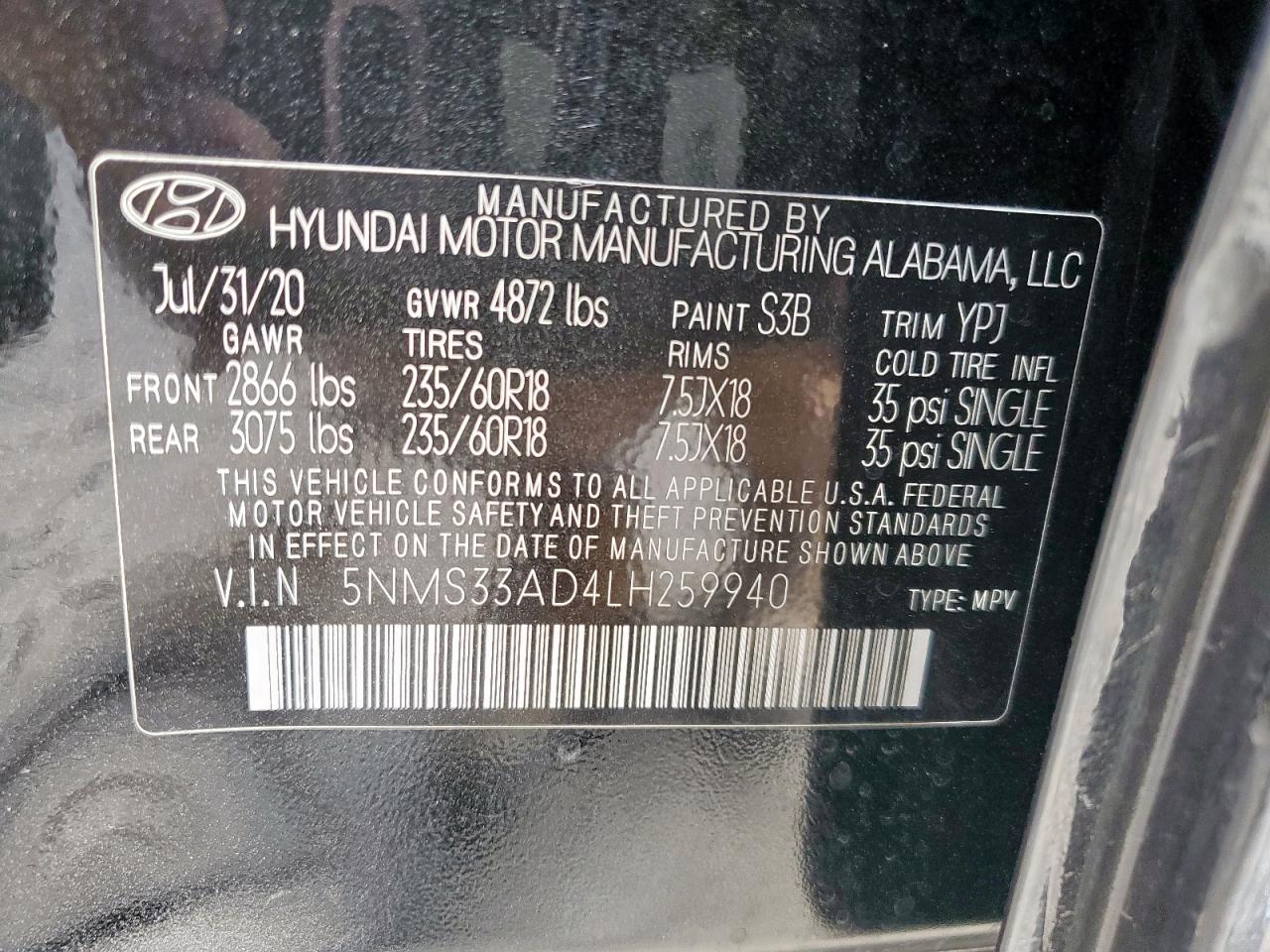 2020 Hyundai Santa Fe Sel VIN: 5NMS33AD4LH259940 Lot: 93366875