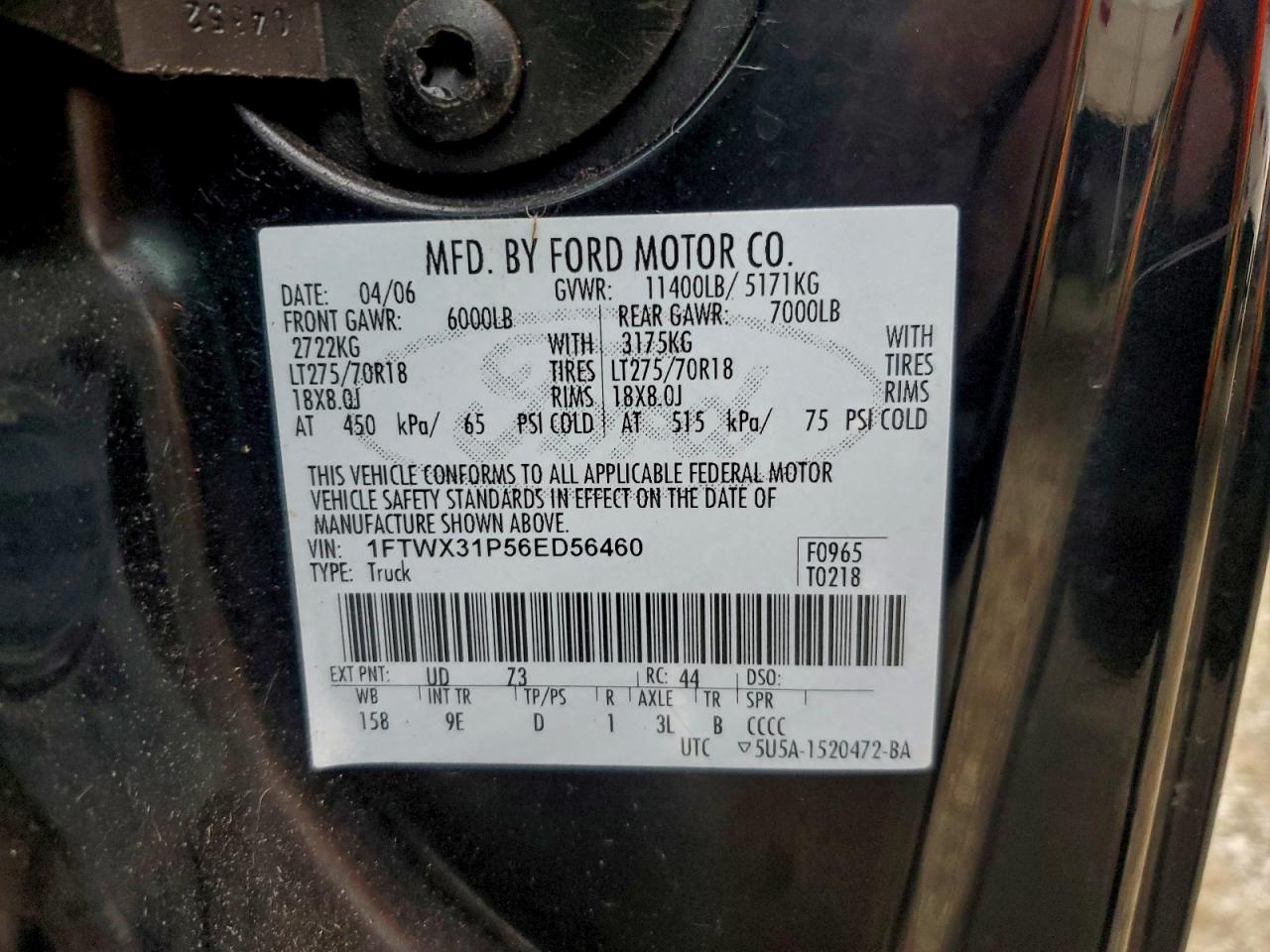 2006 Ford F350 Srw Super Duty VIN: 1FTWX31P56ED56460 Lot: 92461855