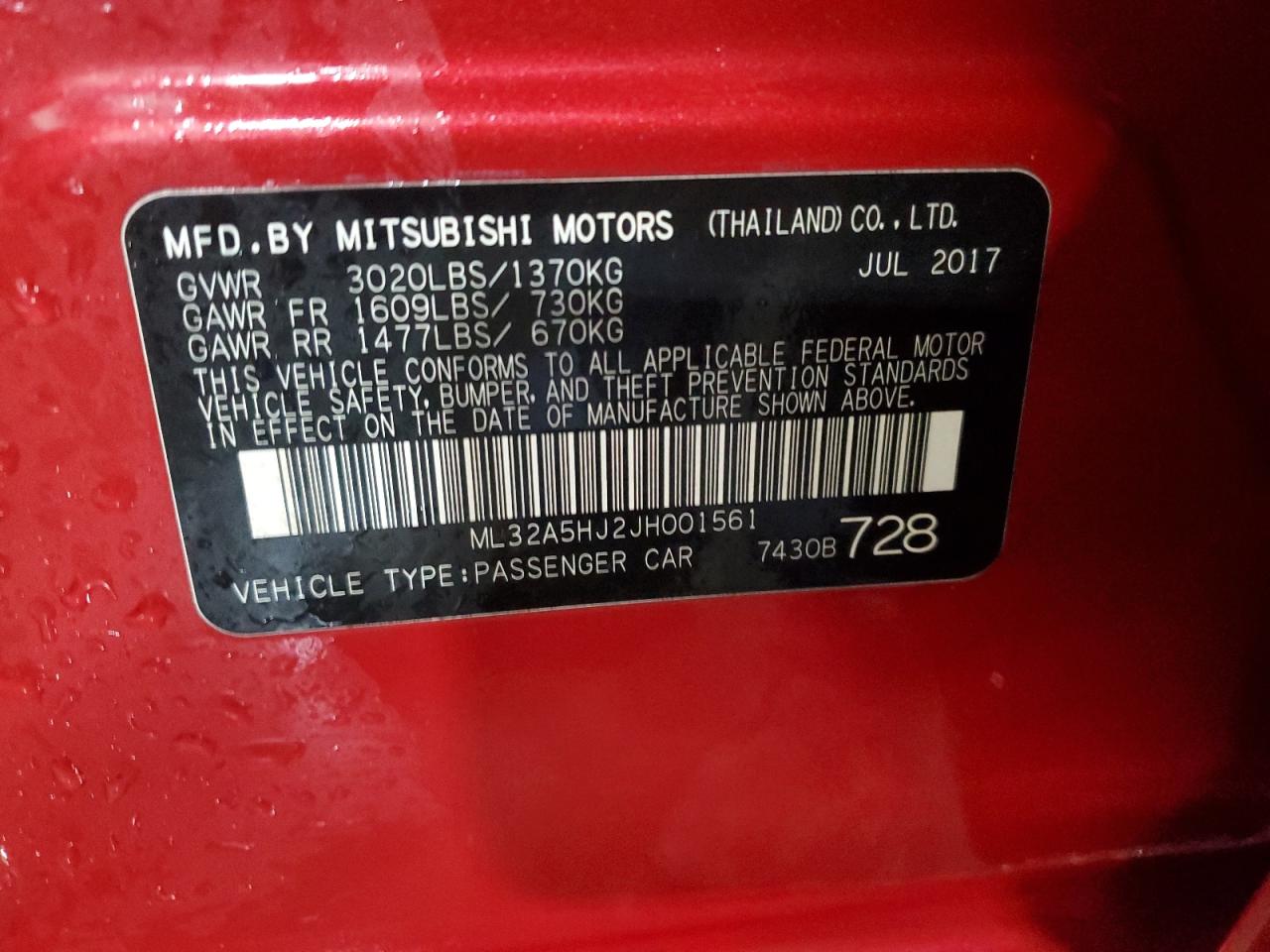 2018 Mitsubishi Mirage Gt VIN: ML32A5HJ2JH001561 Lot: 92161985