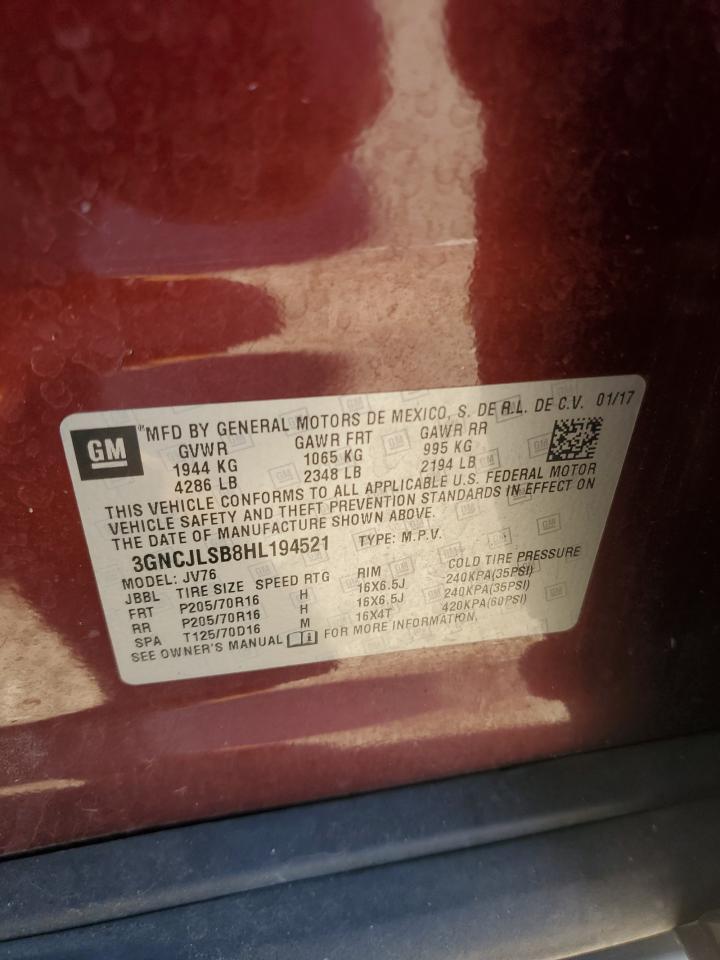 2017 Chevrolet Trax 1Lt VIN: 3GNCJLSB8HL194521 Lot: 92096545