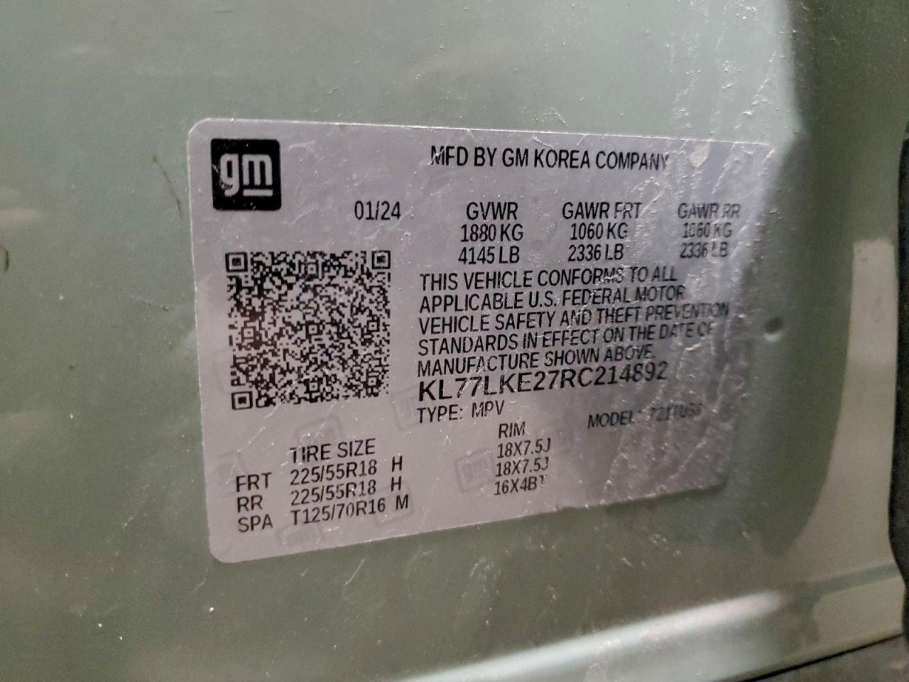 2024 Chevrolet Trax Activ VIN: KL77LKE27RC214892 Lot: 93727935