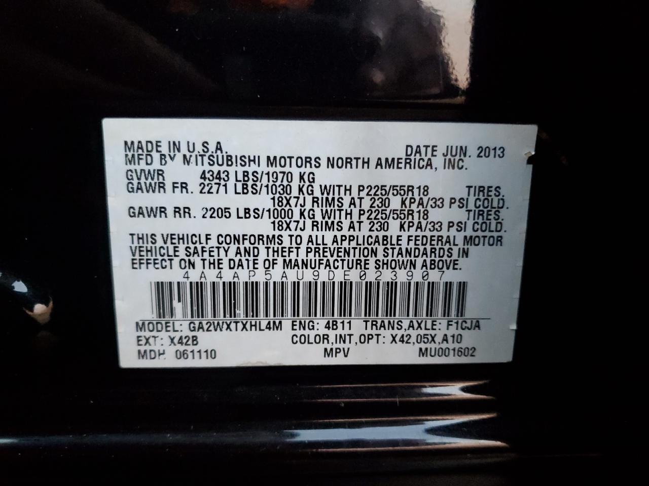 2013 Mitsubishi Outlander Sport Le VIN: 4A4AP5AU9DE023907 Lot: 92170665