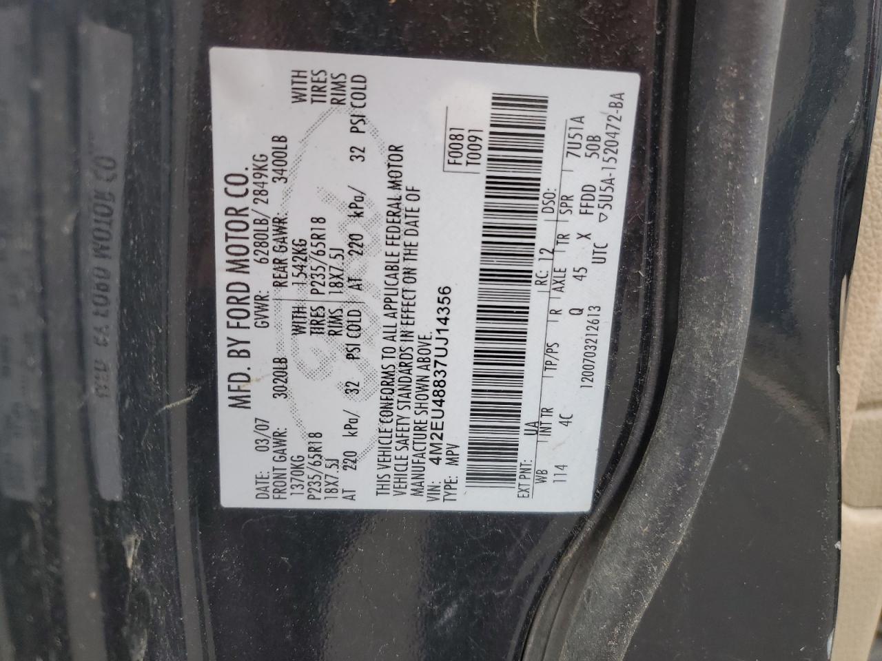 2007 Mercury Mountaineer Premier VIN: 4M2EU48837UJ14356 Lot: 91495955