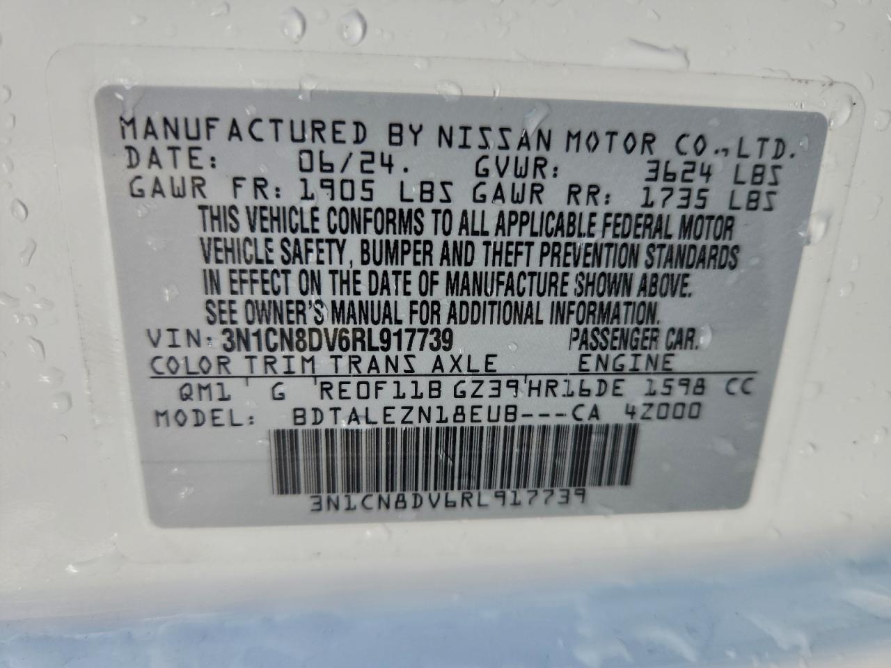 2024 Nissan Versa S VIN: 3N1CN8DV6RL917739 Lot: 93077355