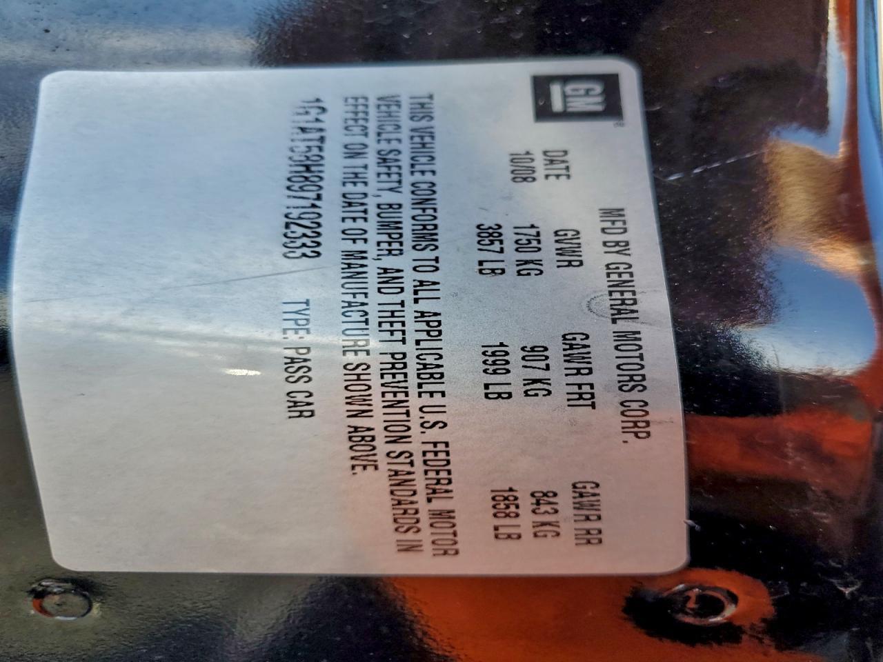 2009 Chevrolet Cobalt Lt VIN: 1G1AT58H897192333 Lot: 93211325