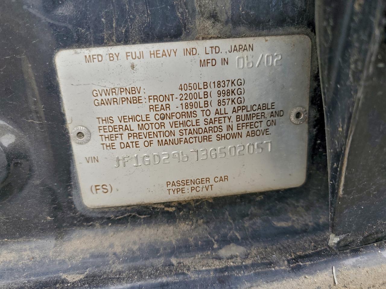 2003 Subaru Impreza Wrx VIN: JF1GD29673G502057 Lot: 94574905