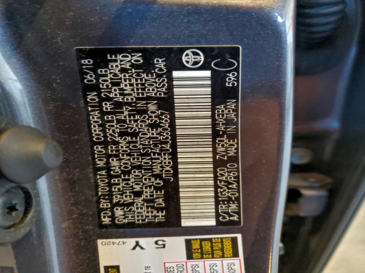 2018 Toyota Prius VIN: JTDKBRFU4J3604667 Lot: 94357695