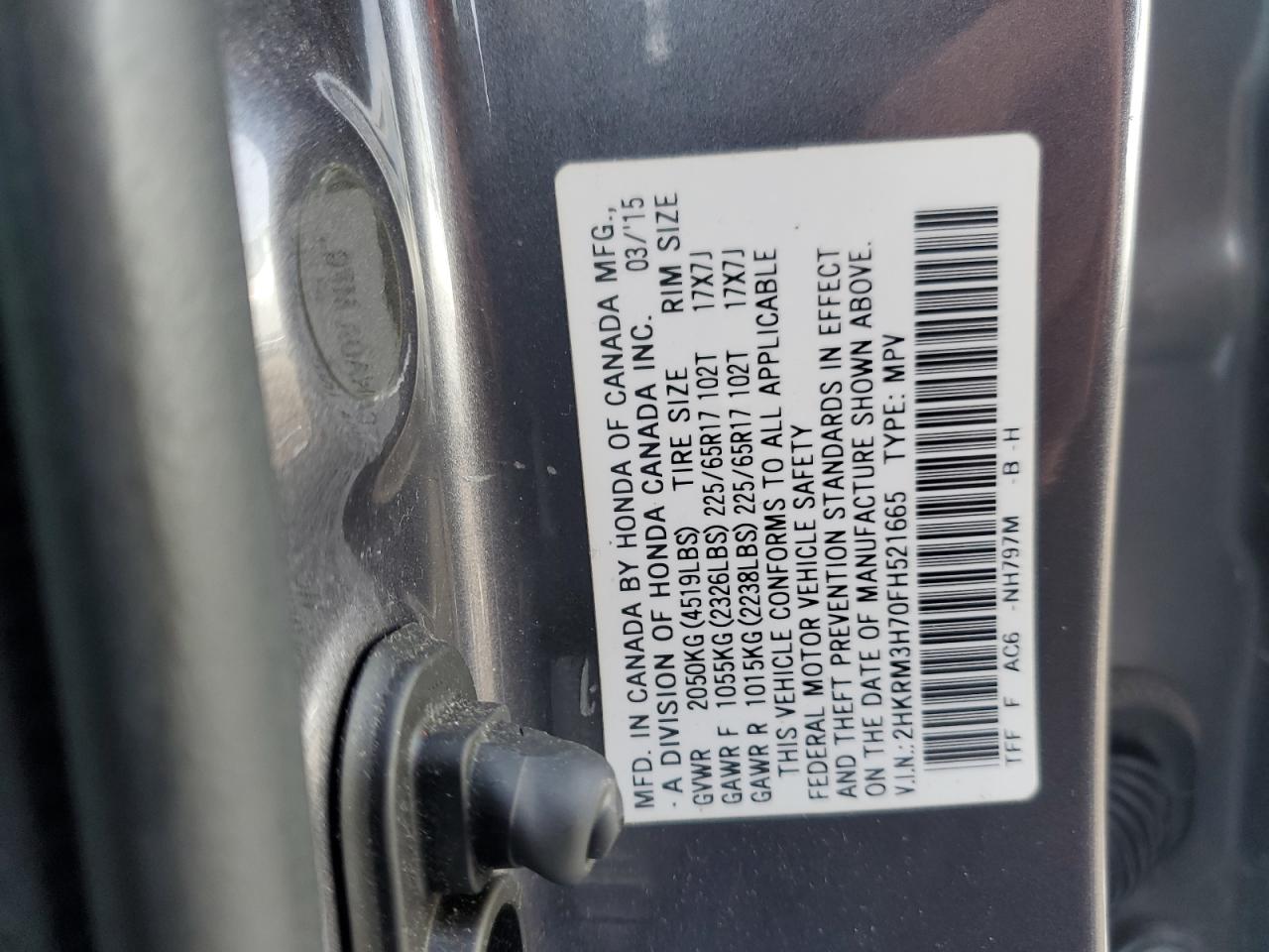 2015 Honda Cr-V Exl VIN: 2HKRM3H70FH521665 Lot: 91471435