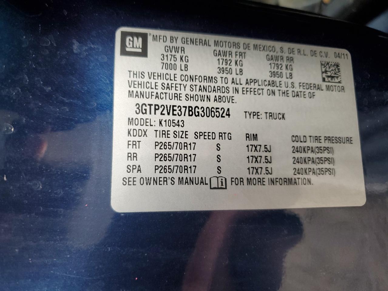 2011 GMC Sierra K1500 Sle VIN: 3GTP2VE37BG306524 Lot: 92839315