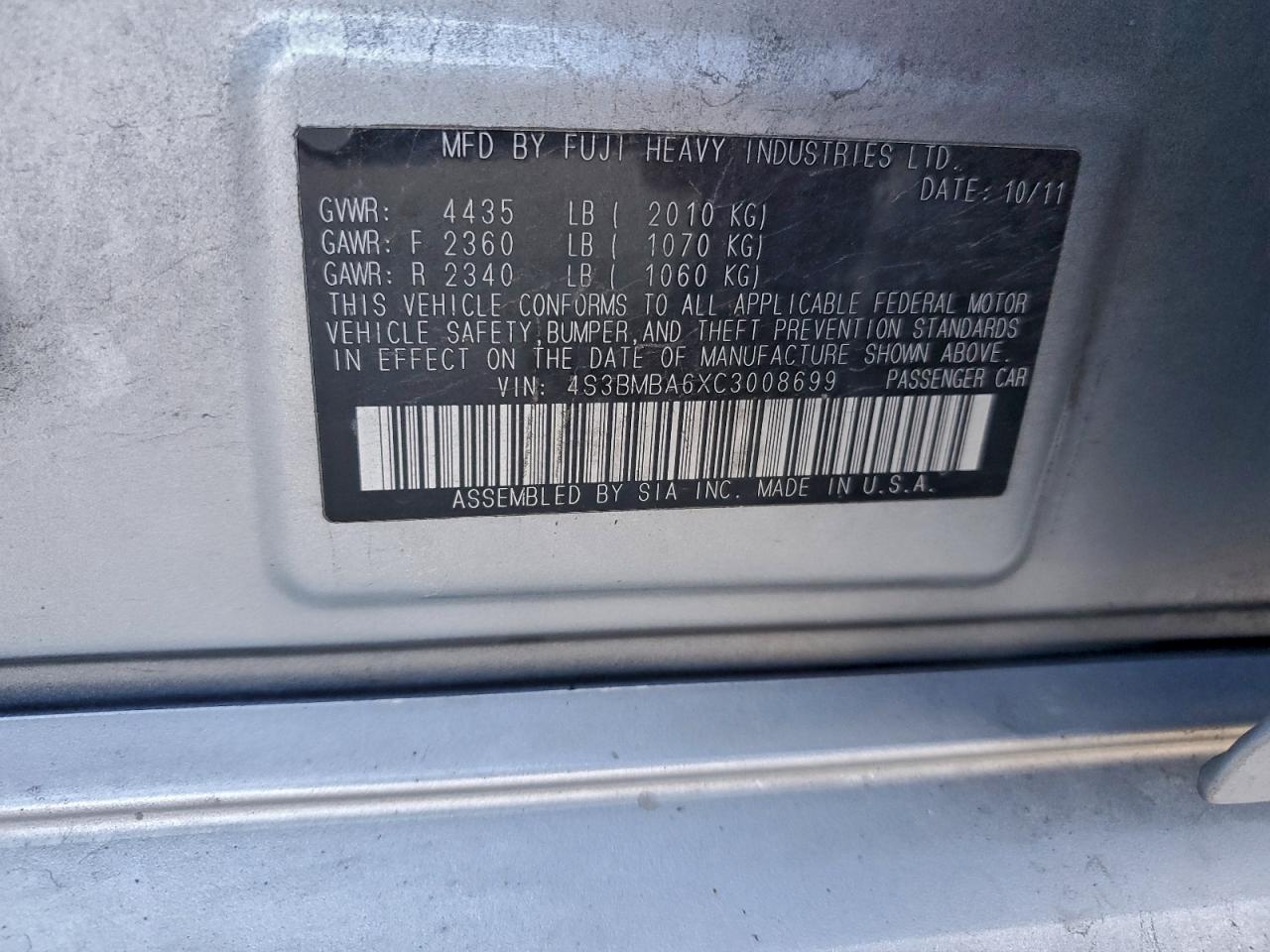 2012 Subaru Legacy 2.5I VIN: 4S3BMBA6XC3008699 Lot: 93943615