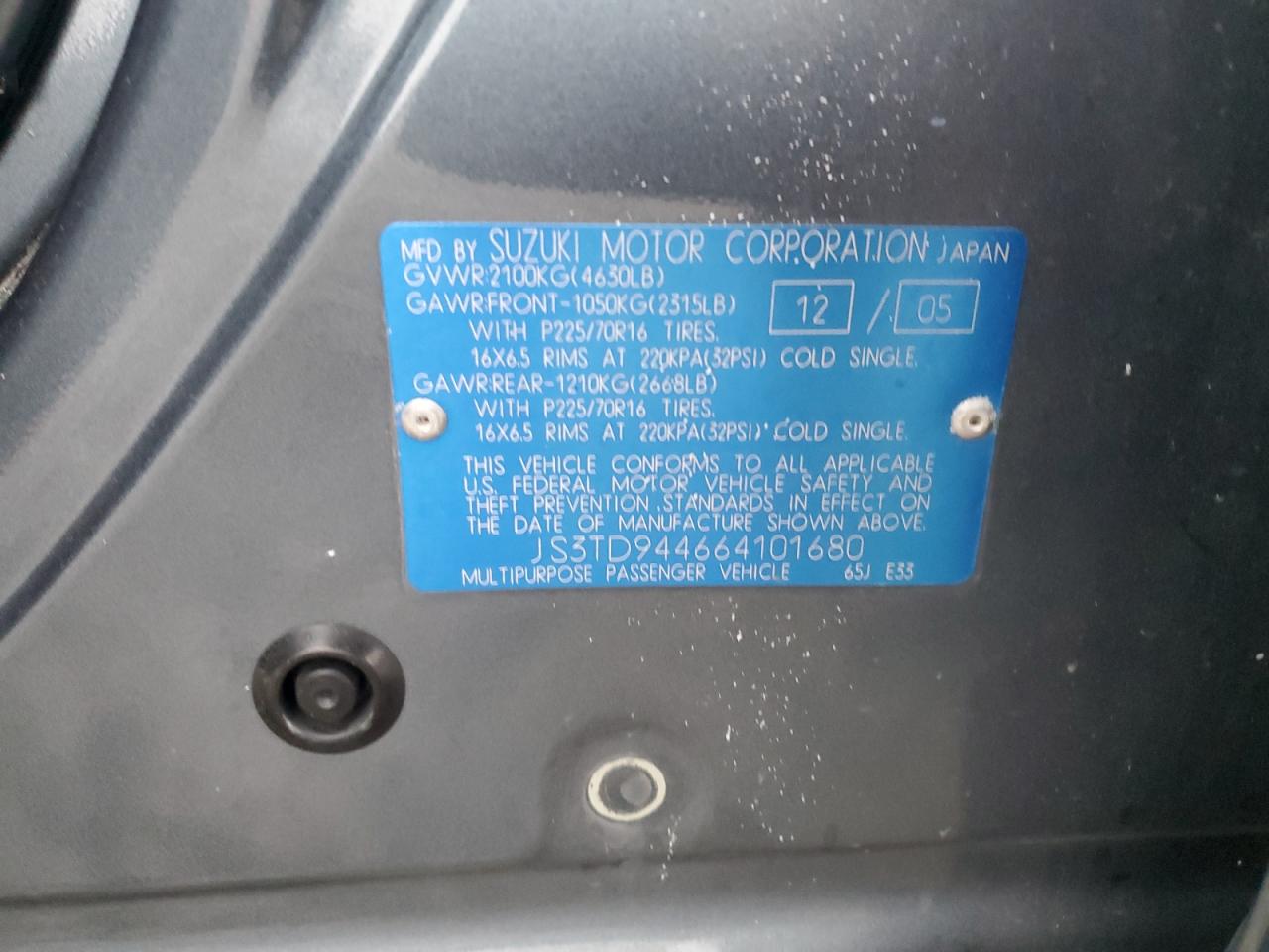 2006 Suzuki Grand Vitara Xsport VIN: JS3TD944664101680 Lot: 93192165