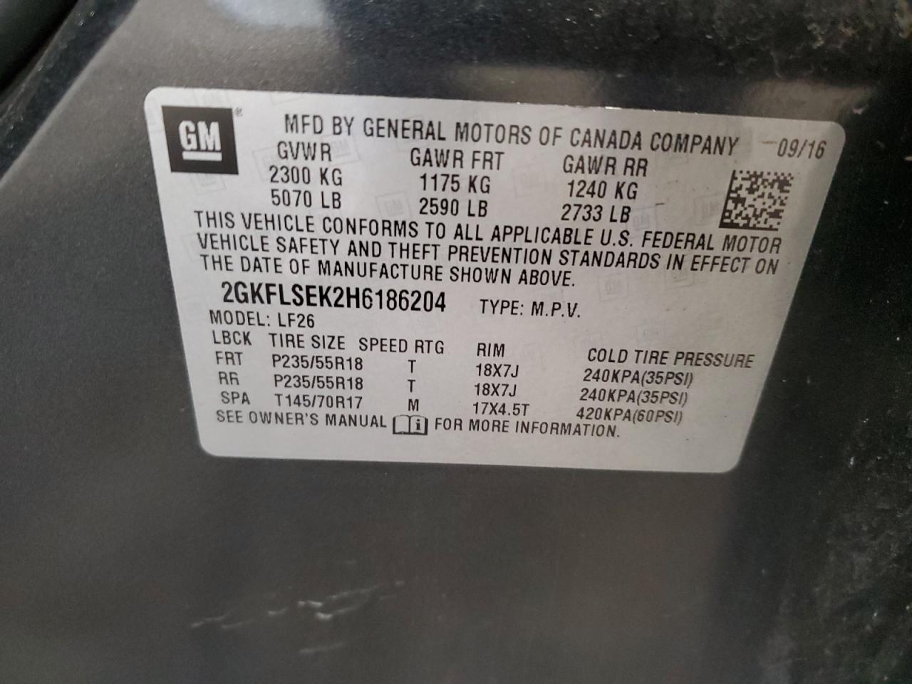 2017 GMC Terrain Sle VIN: 2GKFLSEK2H6186204 Lot: 92452395