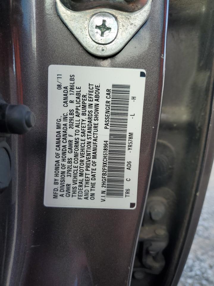2012 Honda Civic Exl VIN: 2HGFB2F9XCH518964 Lot: 92124495