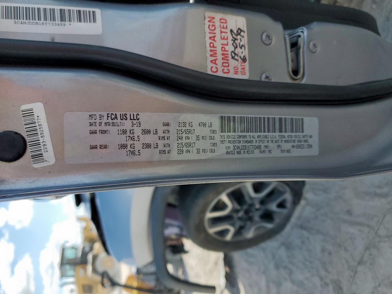 2019 Jeep Compass Trailhawk VIN: 3C4NJDDB1KT733489 Lot: 92949825