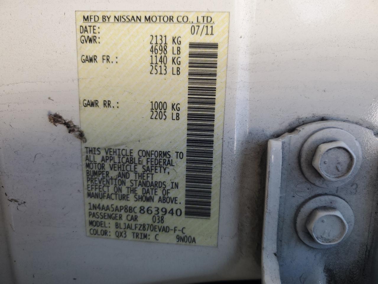 2011 Nissan Maxima S VIN: 1N4AA5AP8BC863940 Lot: 91080725