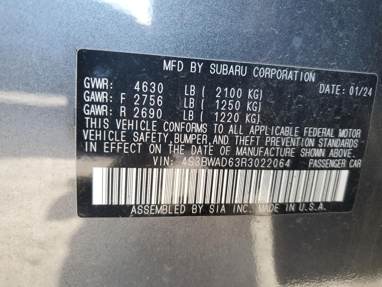 2024 Subaru Legacy Premium VIN: 4S3BWAD63R3022064 Lot: 92861345