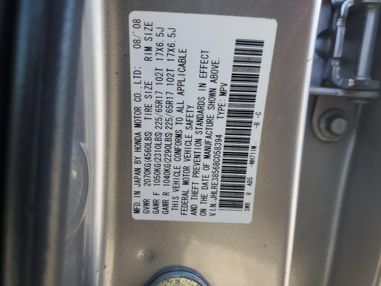 2008 Honda Cr-V Ex VIN: JHLRE38568C058394 Lot: 90381875