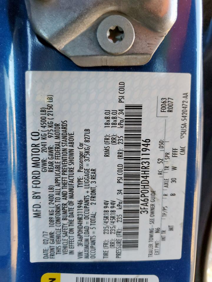 2017 Ford Fusion Se VIN: 3FA6P0HD4HR311946 Lot: 92330295