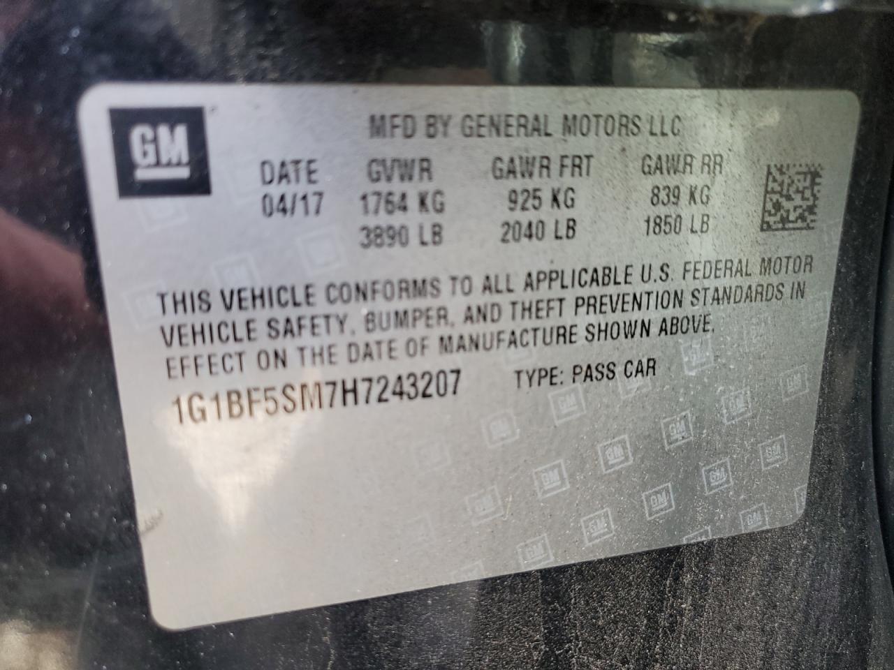 2017 Chevrolet Cruze Premier VIN: 1G1BF5SM7H7243207 Lot: 92846175