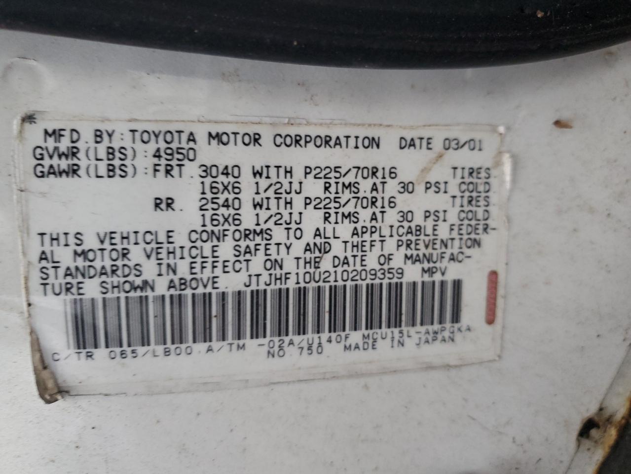 2001 Lexus Rx 300 VIN: JTJHF10U210209359 Lot: 93548015