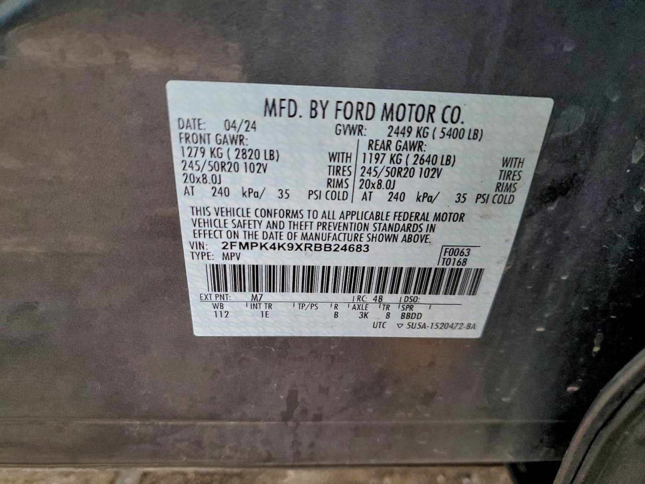 2024 Ford Edge Titanium VIN: 2FMPK4K9XRBB24683 Lot: 93836275