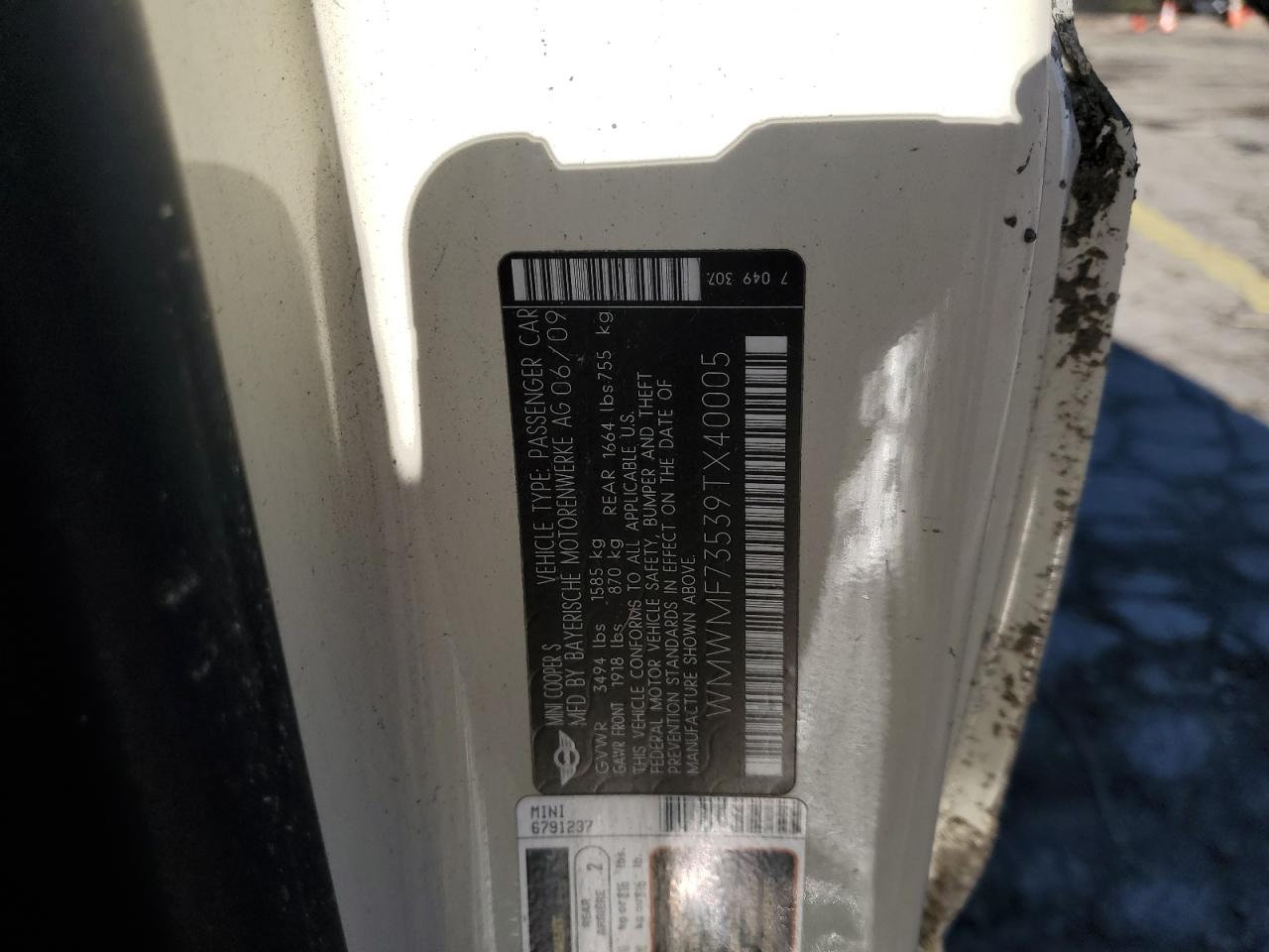 2009 Mini Cooper S VIN: WMWMF73539TX40005 Lot: 92608455