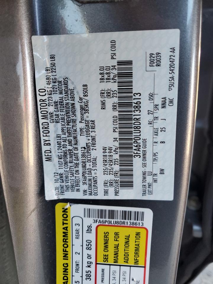 2013 Ford Fusion Se Hybrid VIN: 3FA6P0LU8DR138613 Lot: 91084395