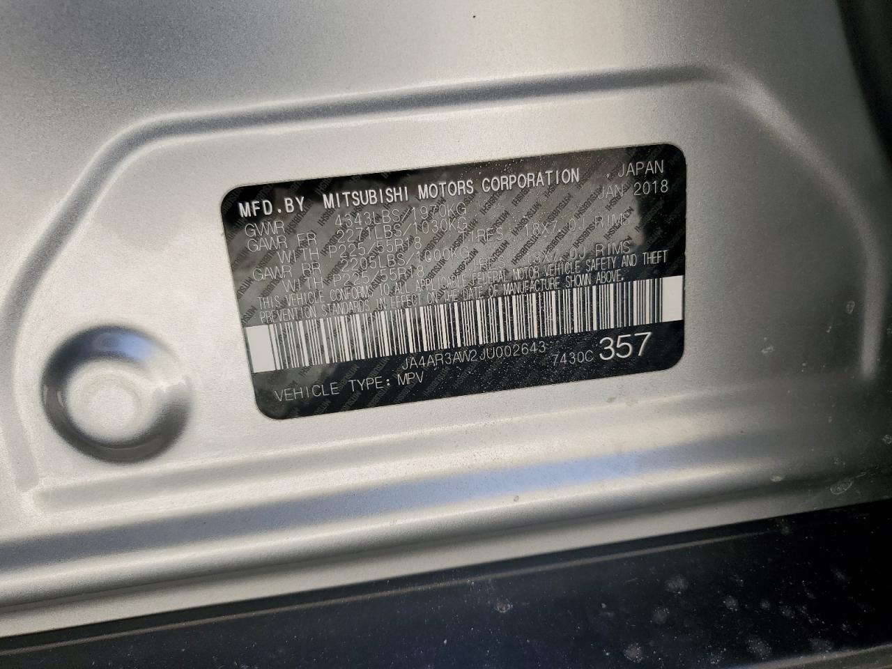 2018 Mitsubishi Outlander Sport Es VIN: JA4AR3AW2JU002643 Lot: 92818595