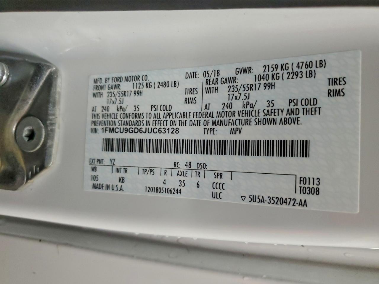 2018 Ford Escape Se VIN: 1FMCU9GD6JUC63128 Lot: 94320125