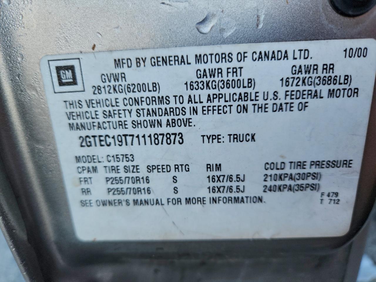 2001 GMC New Sierra C1500 VIN: 2GTEC19T711187873 Lot: 94255805