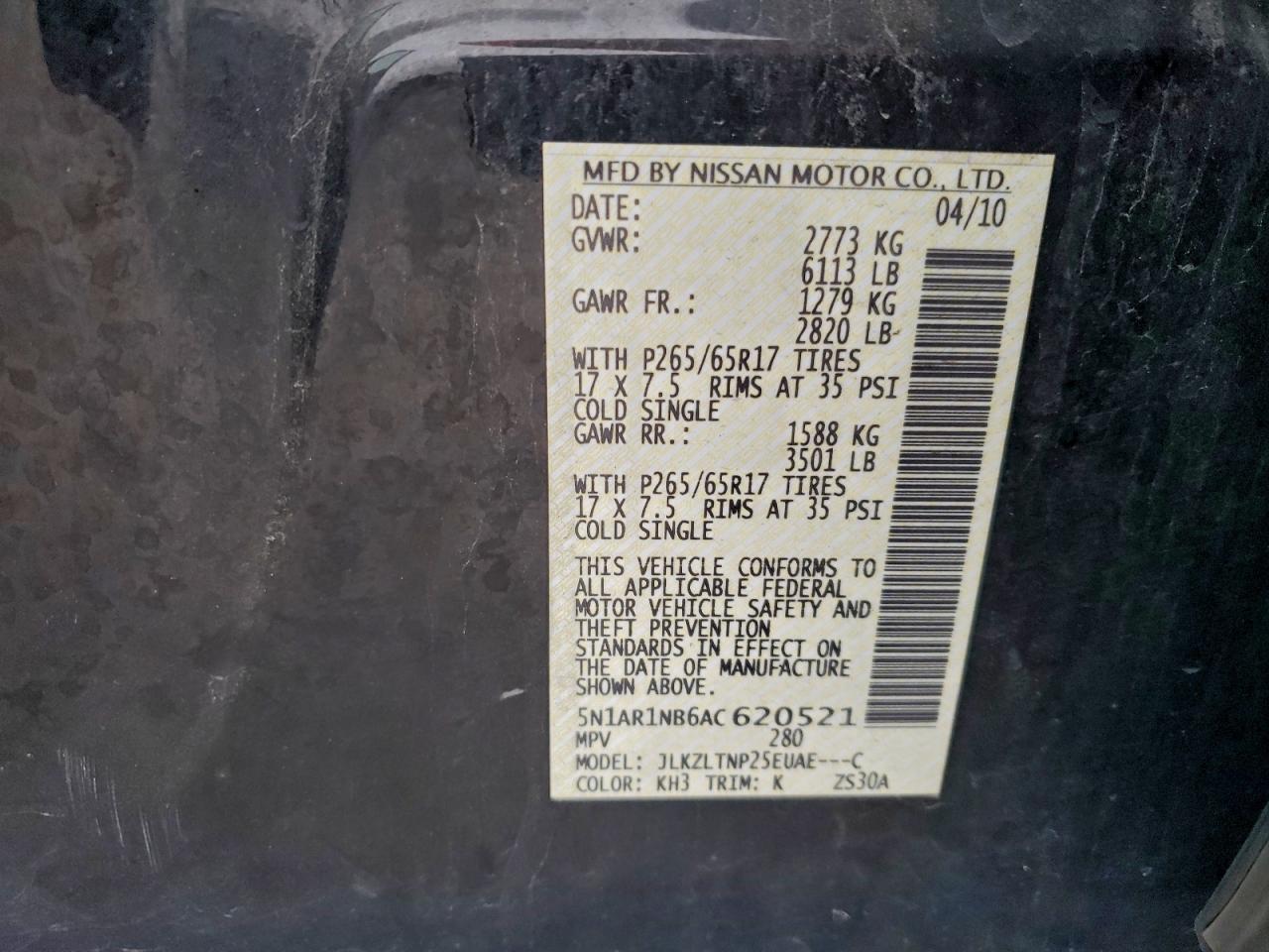 2010 Nissan Pathfinder S VIN: 5N1AR1NB6AC620521 Lot: 94074495