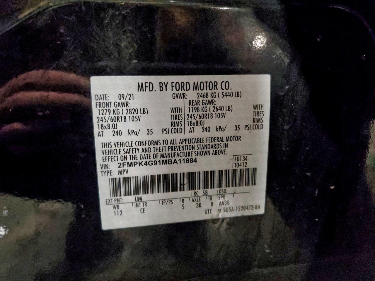 2021 Ford Edge Se VIN: 2FMPK4G91MBA11884 Lot: 93314005