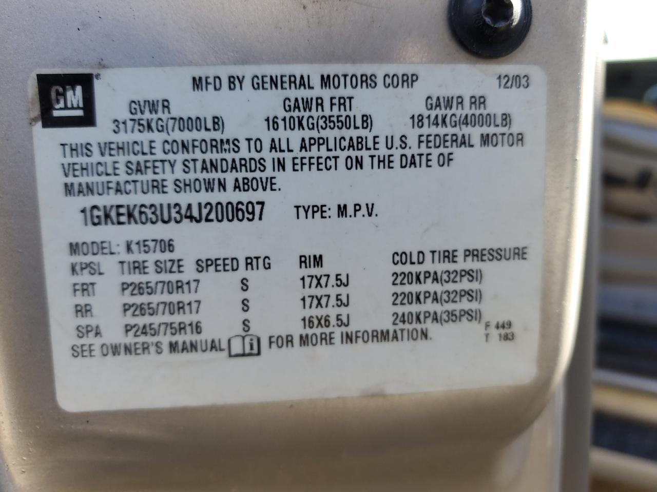 2004 GMC Yukon Denali VIN: 1GKEK63U34J200697 Lot: 91815575