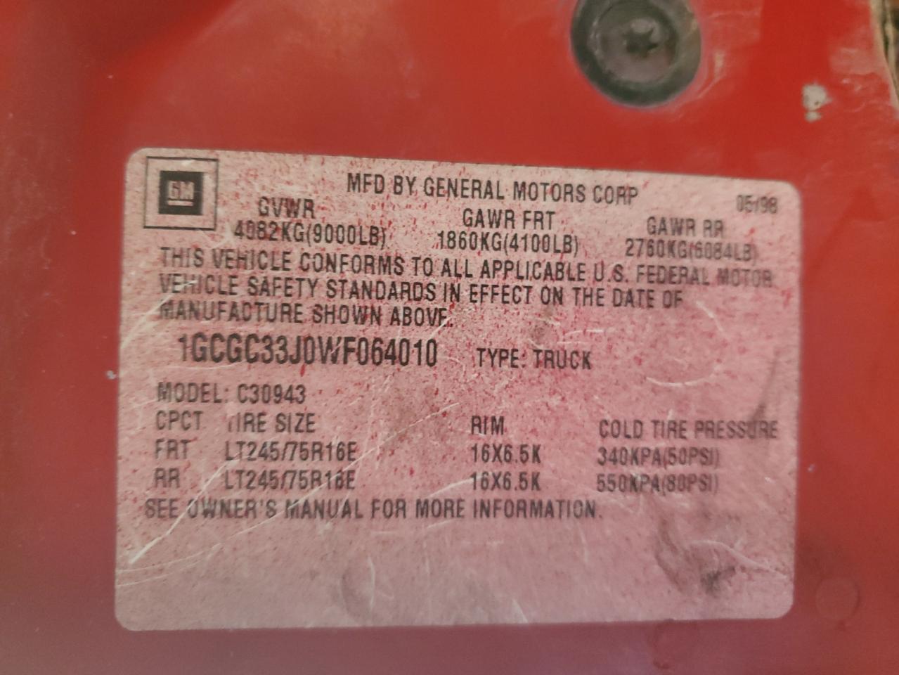 1998 Chevrolet Gmt-400 C3500 VIN: 1GCGC33J0WF064010 Lot: 93288565