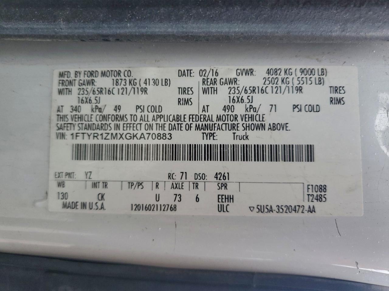 2016 Ford Transit T-250 VIN: 1FTYR1ZMXGKA70883 Lot: 94237975