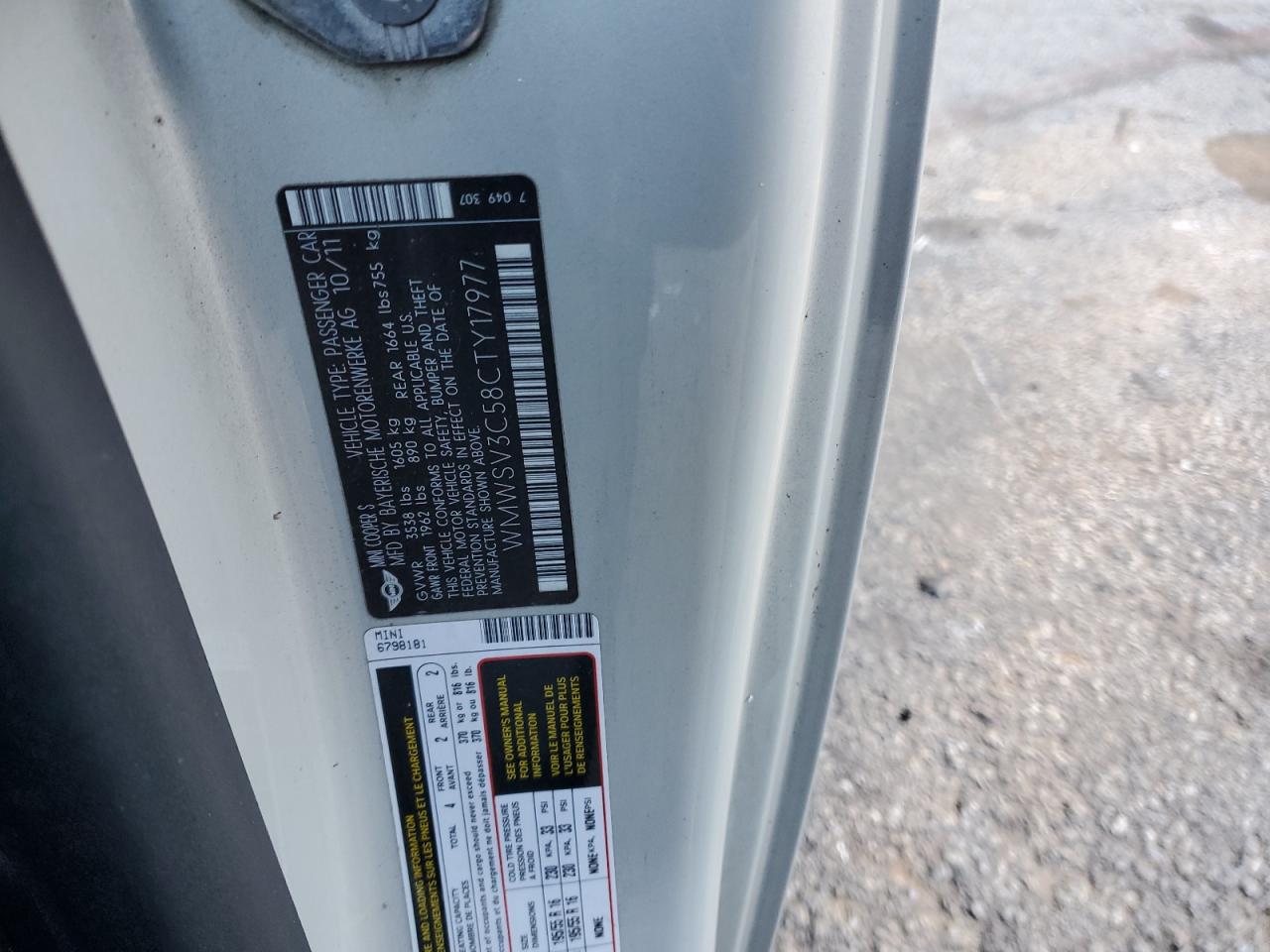 2012 Mini Cooper S VIN: WMWSV3C58CTY17977 Lot: 92193955