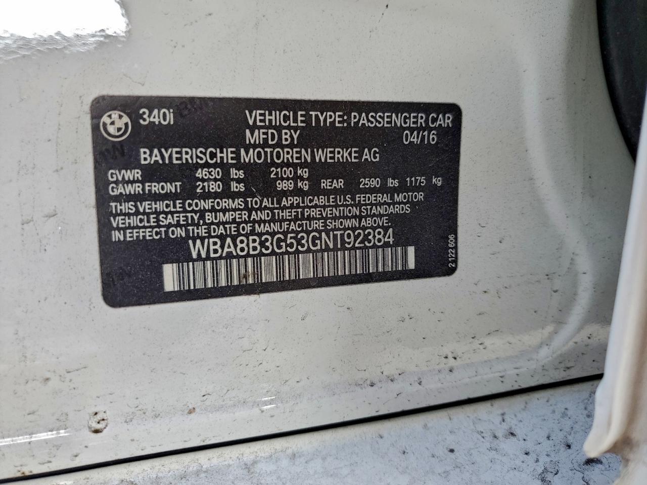 2016 BMW 340 I VIN: WBA8B3G53GNT92384 Lot: 91918655