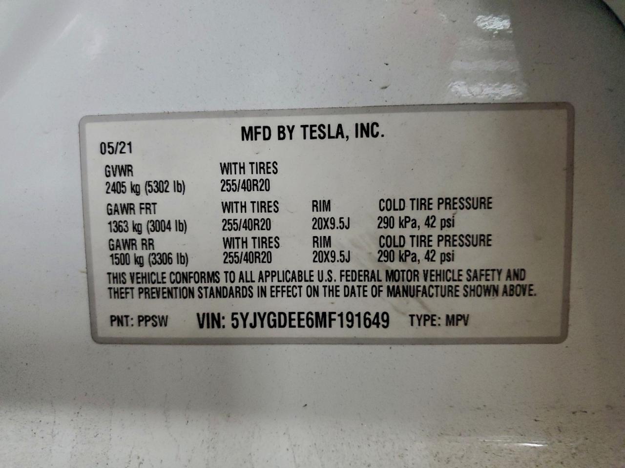 2021 Tesla Model Y VIN: 5YJYGDEE6MF191649 Lot: 93750775