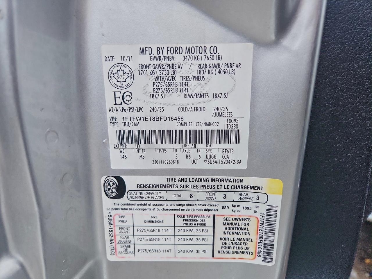 2011 Ford F150 Supercrew VIN: 1FTFW1ET8BFD16456 Lot: 94058825