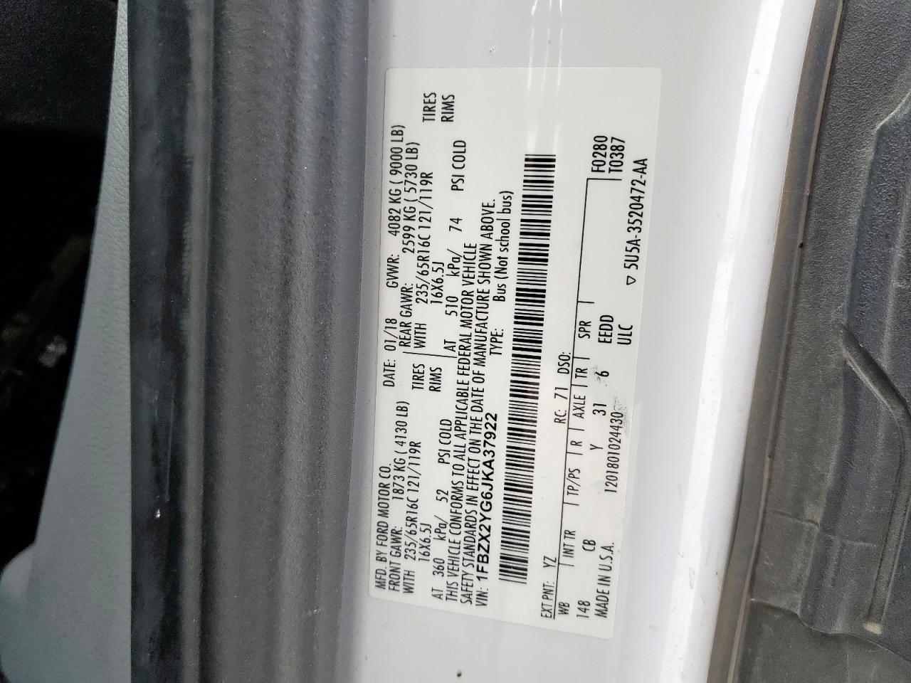 2018 Ford Transit T-350 VIN: 1FBZX2YG6JKA37922 Lot: 92803165