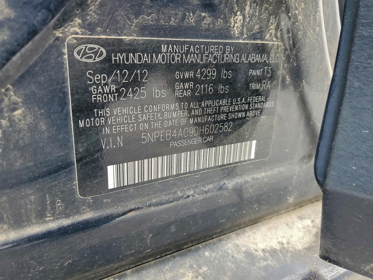 2013 Hyundai Sonata Gls VIN: 5NPEB4AC9DH602582 Lot: 93889615