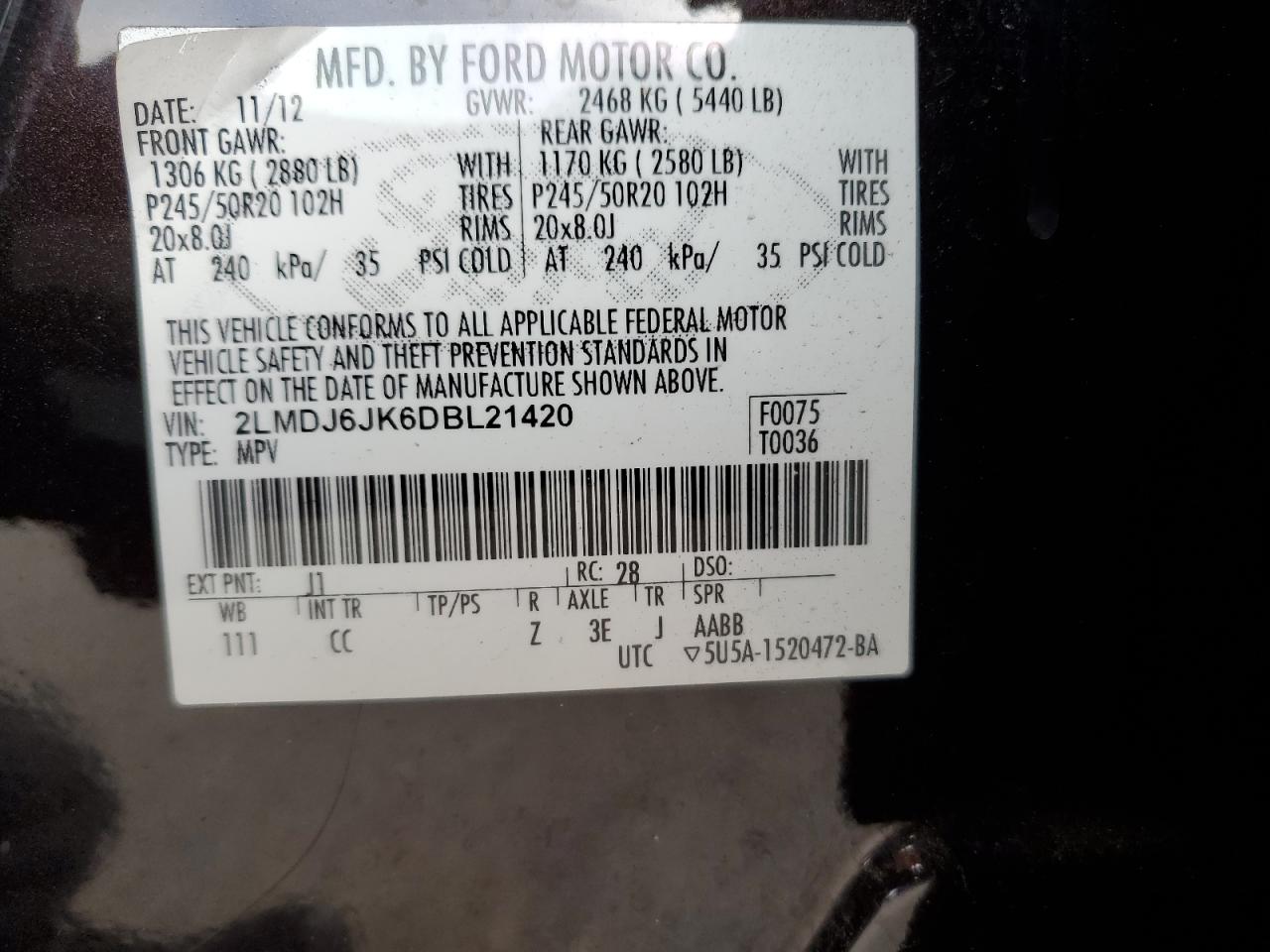 2013 Lincoln Mkx VIN: 2LMDJ6JK6DBL21420 Lot: 93609785