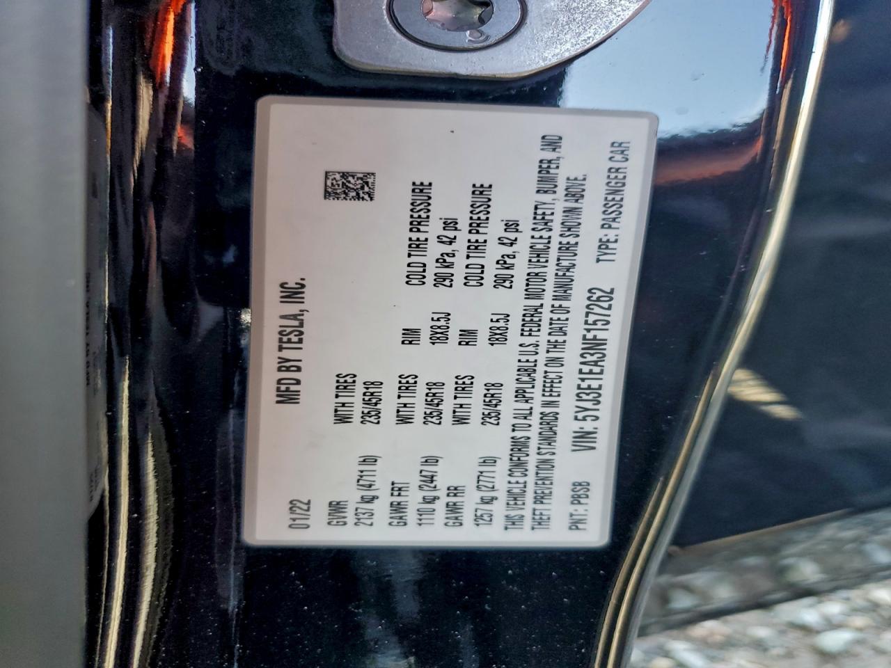 2022 Tesla Model 3 VIN: 5YJ3E1EA3NF157262 Lot: 94105125