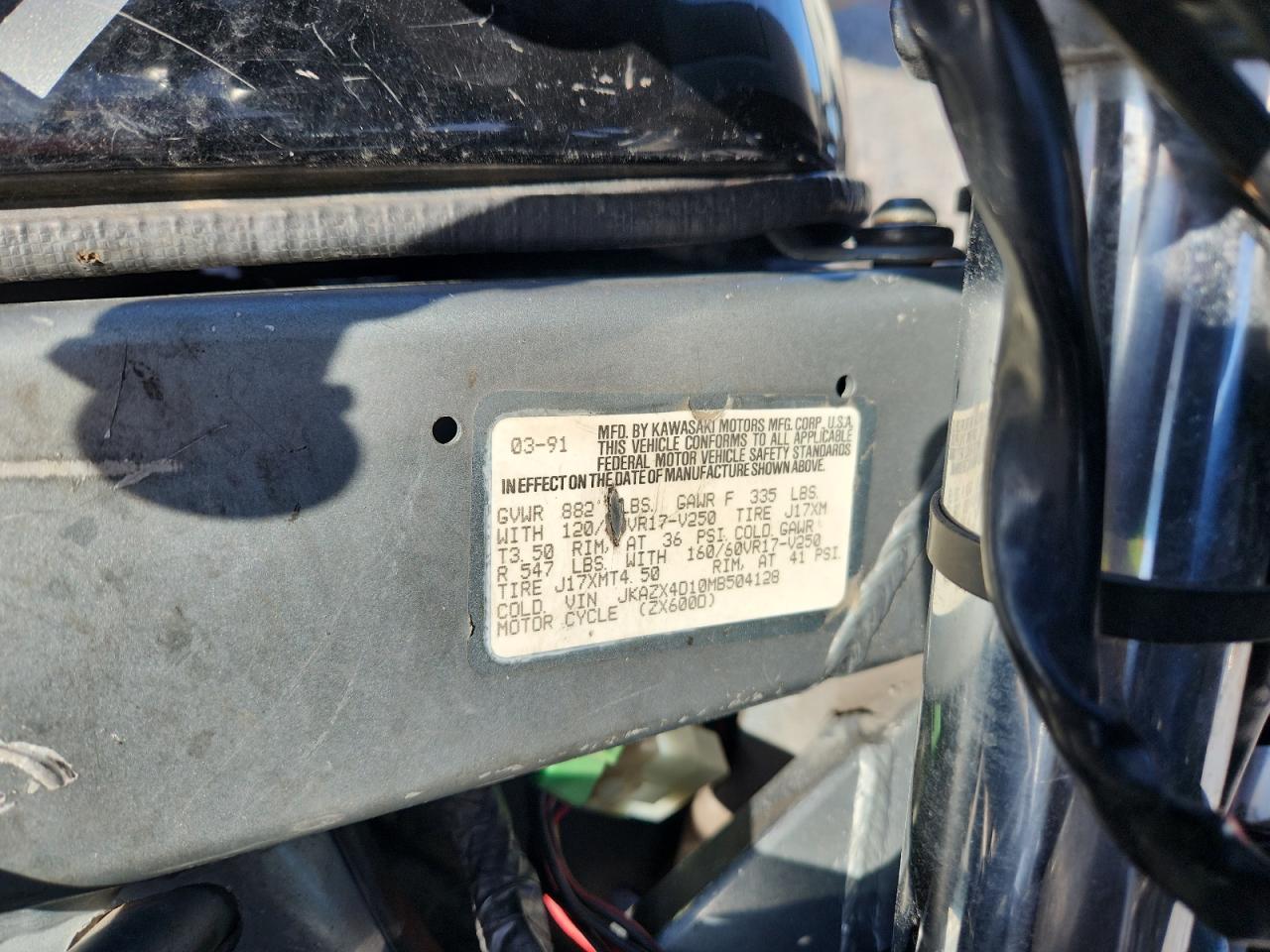 1991 Kawasaki Zx600 D VIN: JKAZX4D10MB504128 Lot: 92435755
