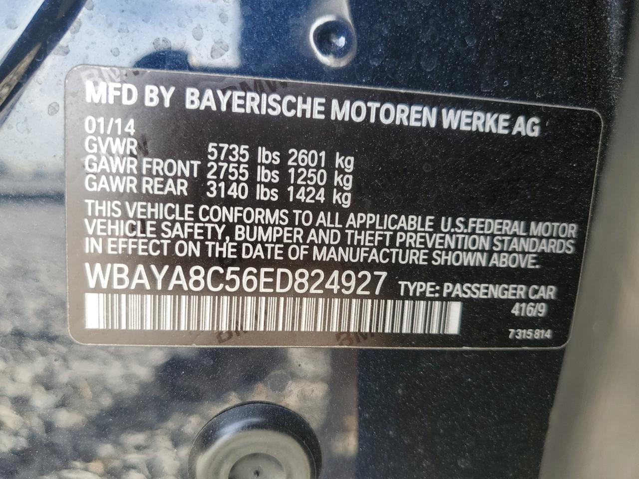 2014 BMW 750 I VIN: WBAYA8C56ED824927 Lot: 93384175