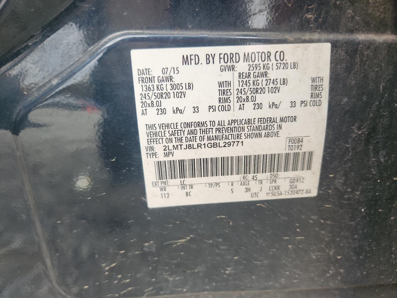 2016 Lincoln Mkx Reserve VIN: 2LMTJ8LR1GBL29771 Lot: 93235815