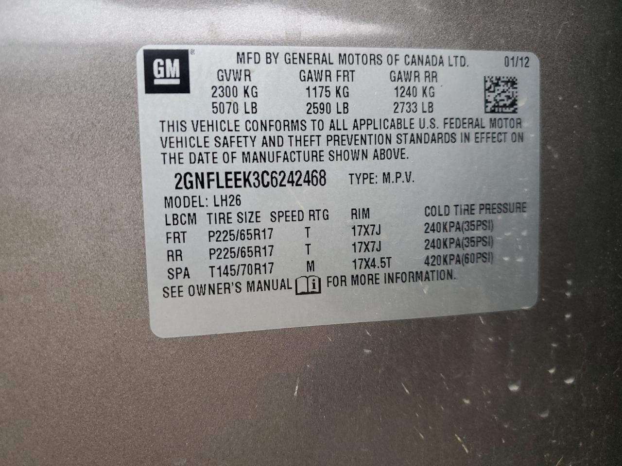 2012 Chevrolet Equinox Lt VIN: 2GNFLEEK3C6242468 Lot: 93380505