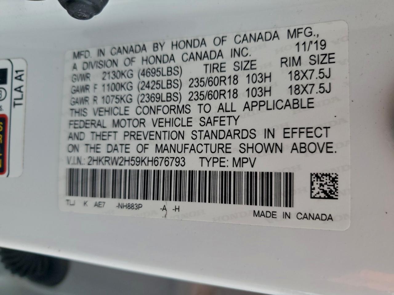 2019 Honda Cr-V Ex VIN: 2HKRW2H59KH676793 Lot: 94234365